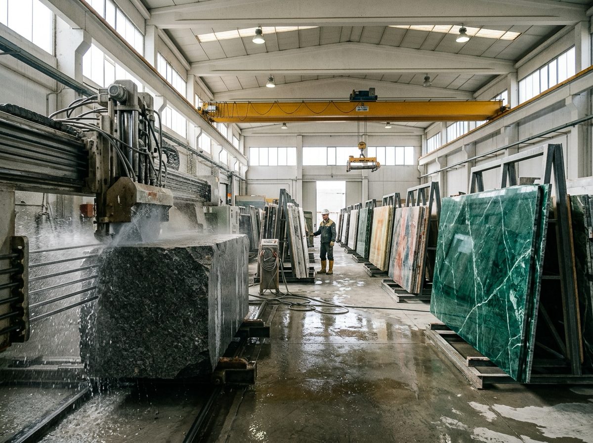 Stone factory floor, with a saw slicing a block into slabs beside racks of polished slabs