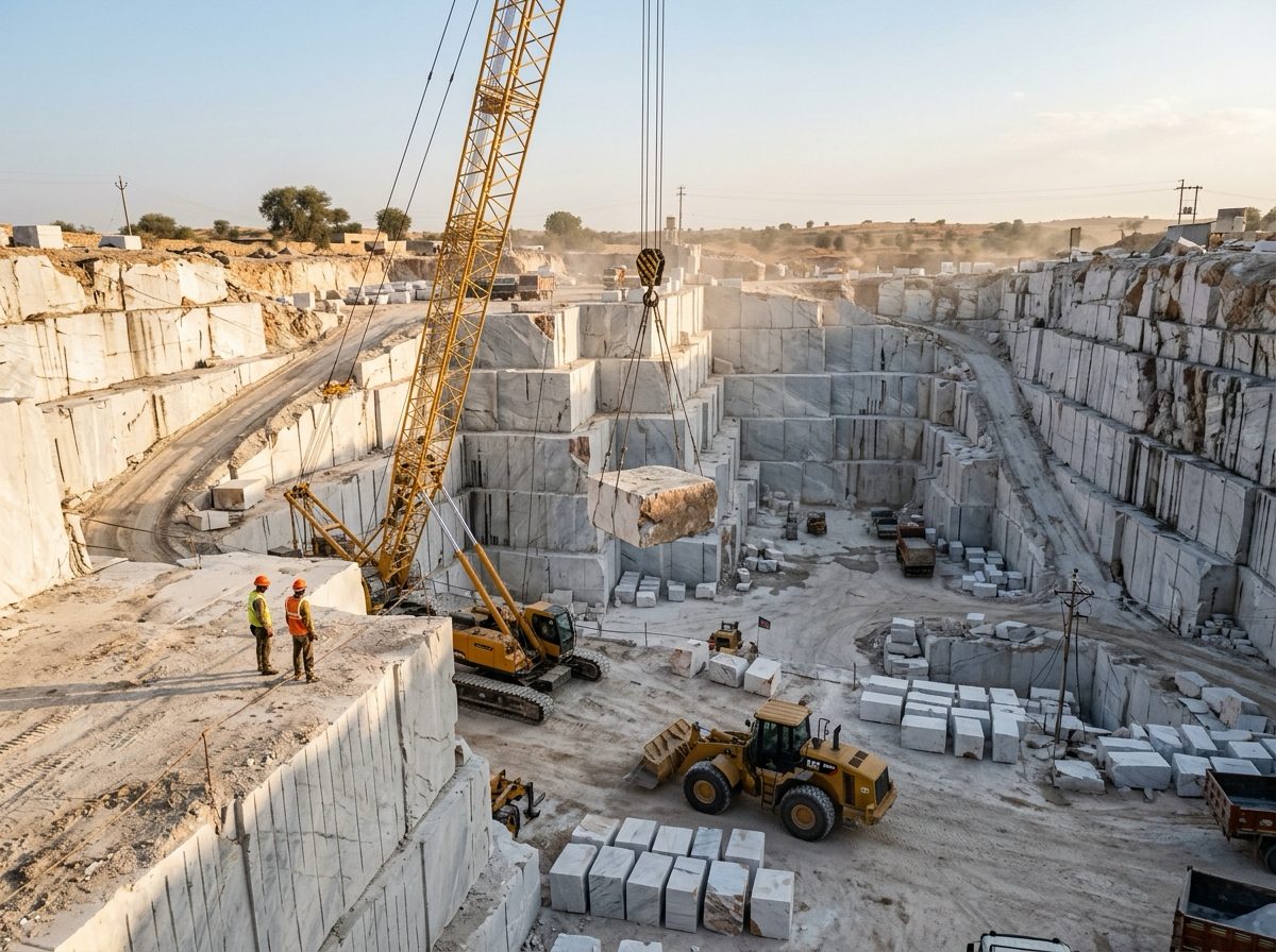 Terraced open-pit marble quarry, with a crane lifting a large cut block