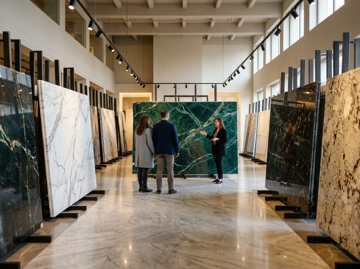Marble showroom with large polished slabs displayed under warm spotlights